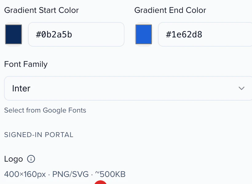 The public landing's gradient start and end colors and the Inter font family in the Site builder
