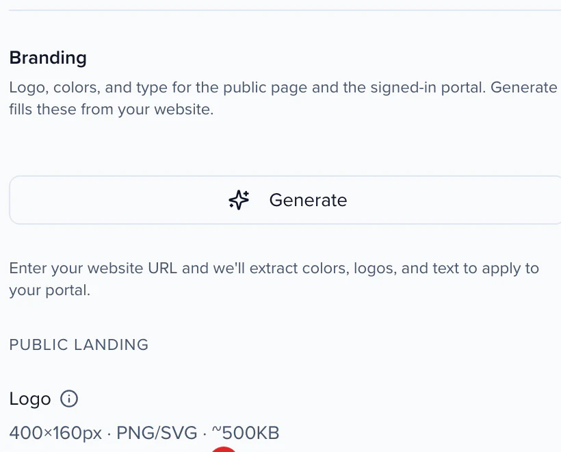 Branding in the Site builder: Generate fills the logo, colors and type from your website