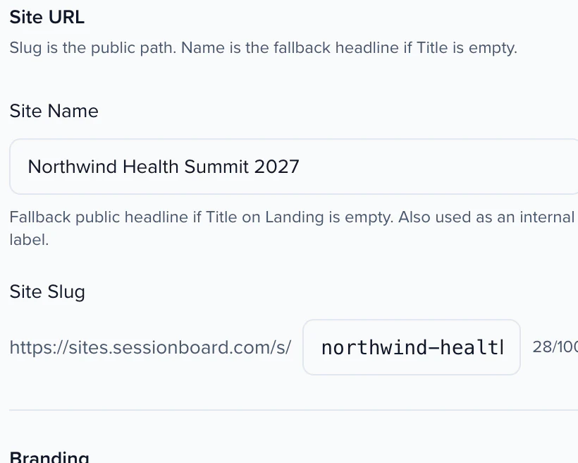 Site URL in the Site builder: the Site name and the slug after sites.sessionboard.com/s/