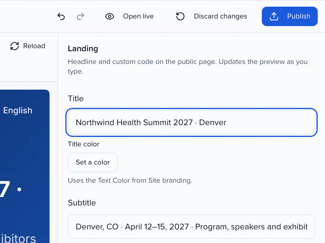 The Site builder with an edited landing title saved as a draft: Discard changes and Publish above the Landing inspector