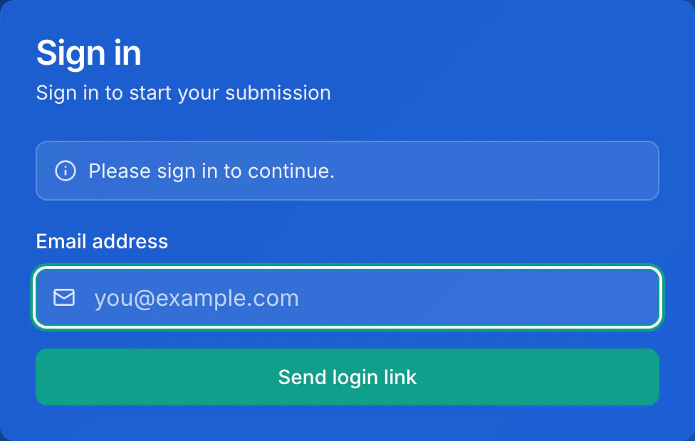 The Site's sign-in card: an email address field and Send login link, no account to create