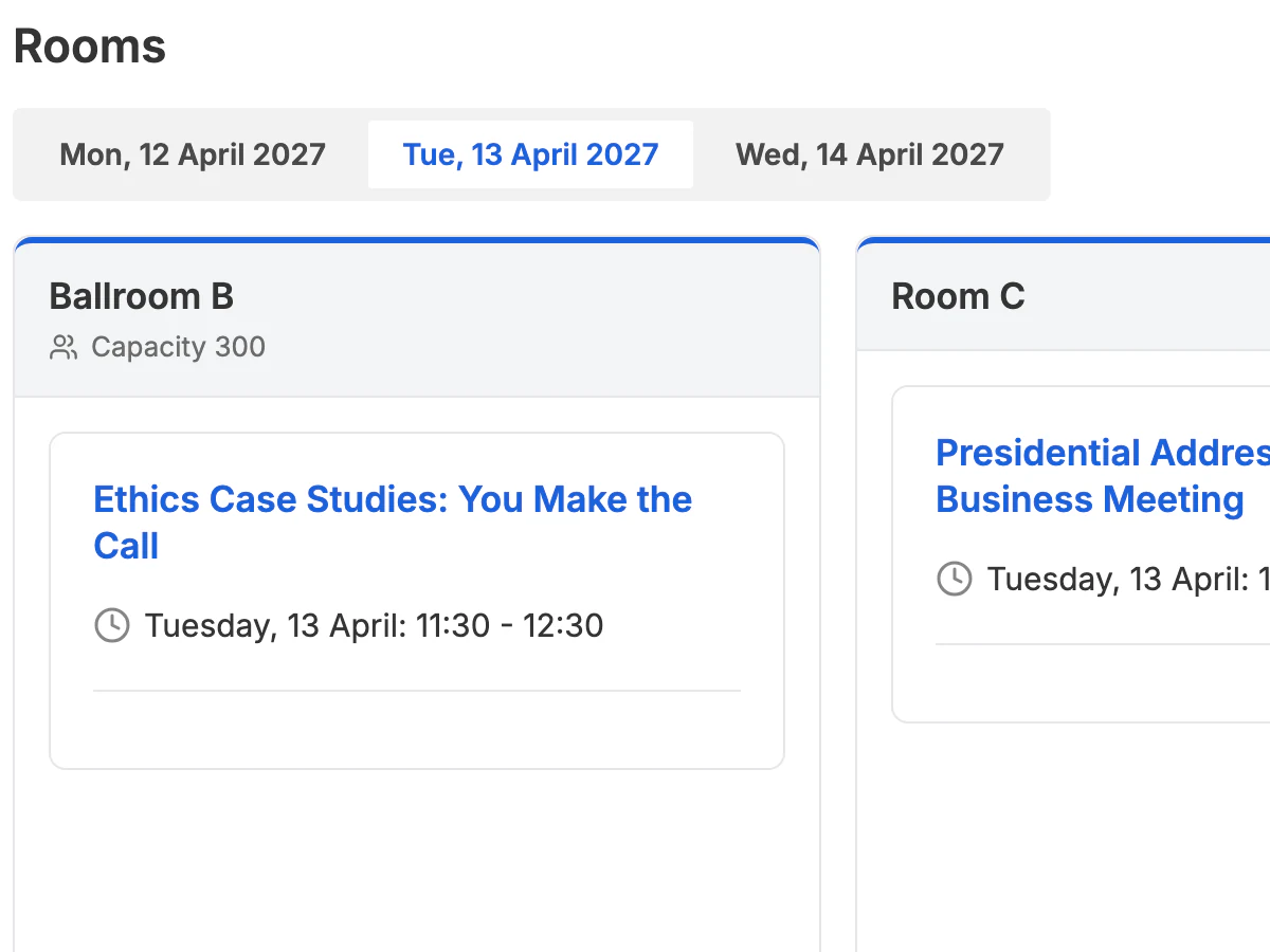 The public Agenda for Tuesday, April 13, one column per room with each session's time
