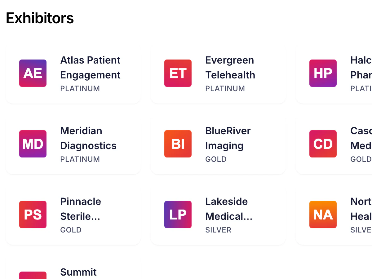 The public Exhibitors page: company cards labelled Platinum, Gold and Silver
