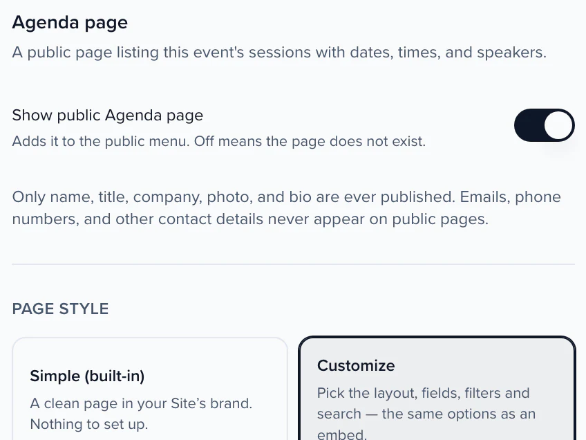 The Agenda page in the Site builder: Show public Agenda page on, and the note that only name, title, company, photo and bio are published