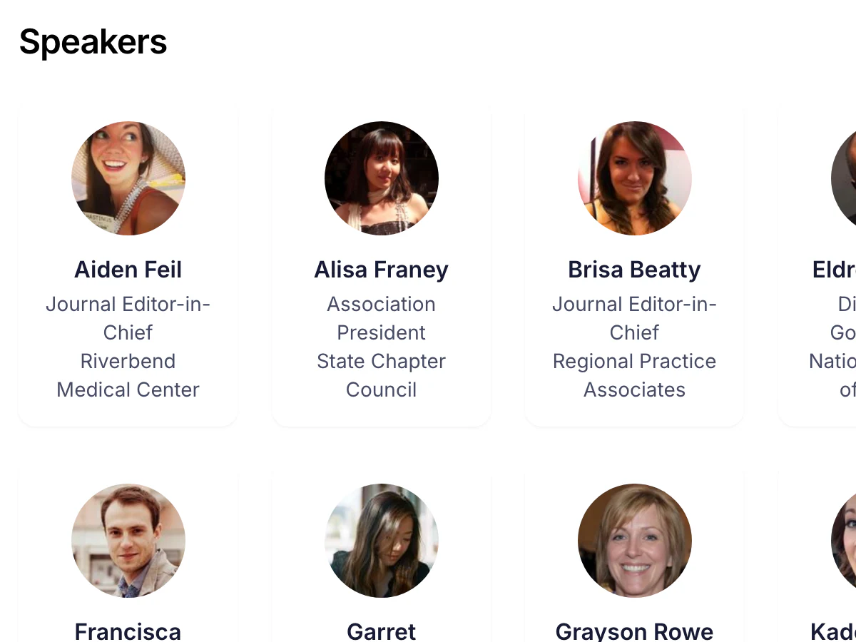 The public Speakers page: photo cards with each speaker's title and organization