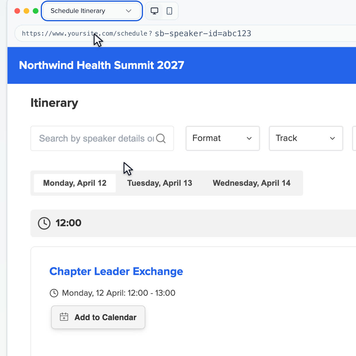 Itinerary embed: Add to Calendar on a session, with the calendar choices