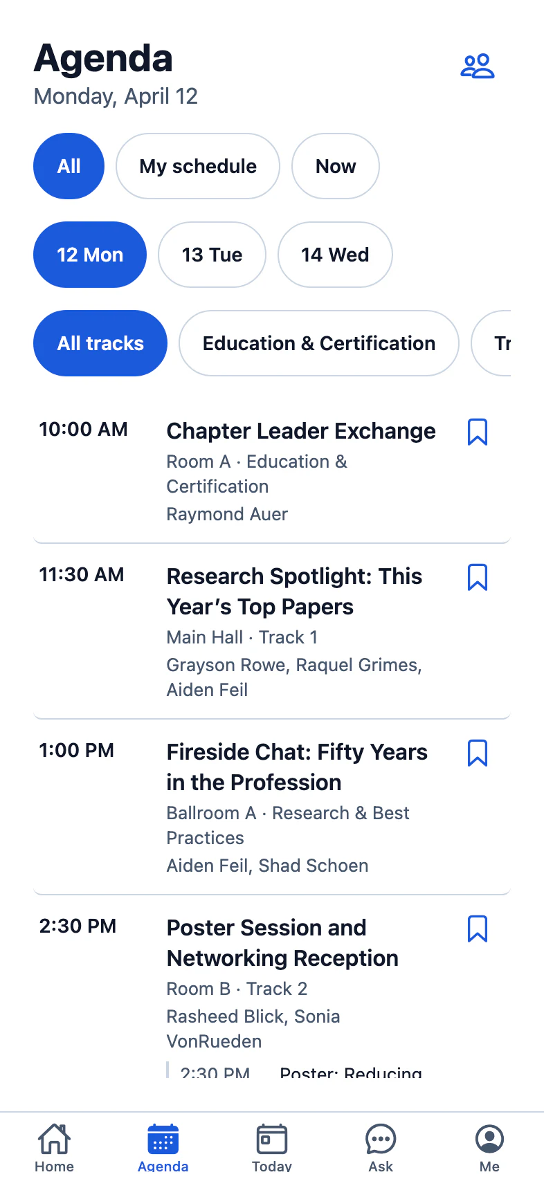 Agenda for Monday, April 12: sessions with time, room, track and speakers, each with a save button