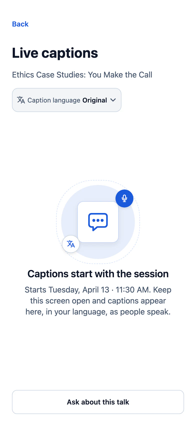 Live captions for Ethics Case Studies with the caption language picker