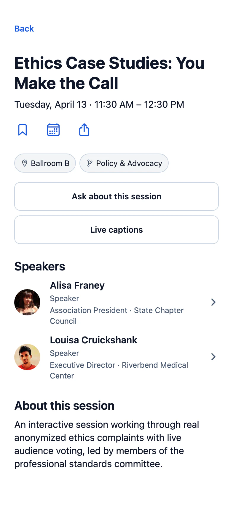 Session page for Ethics Case Studies: Live captions, its two speakers and the description
