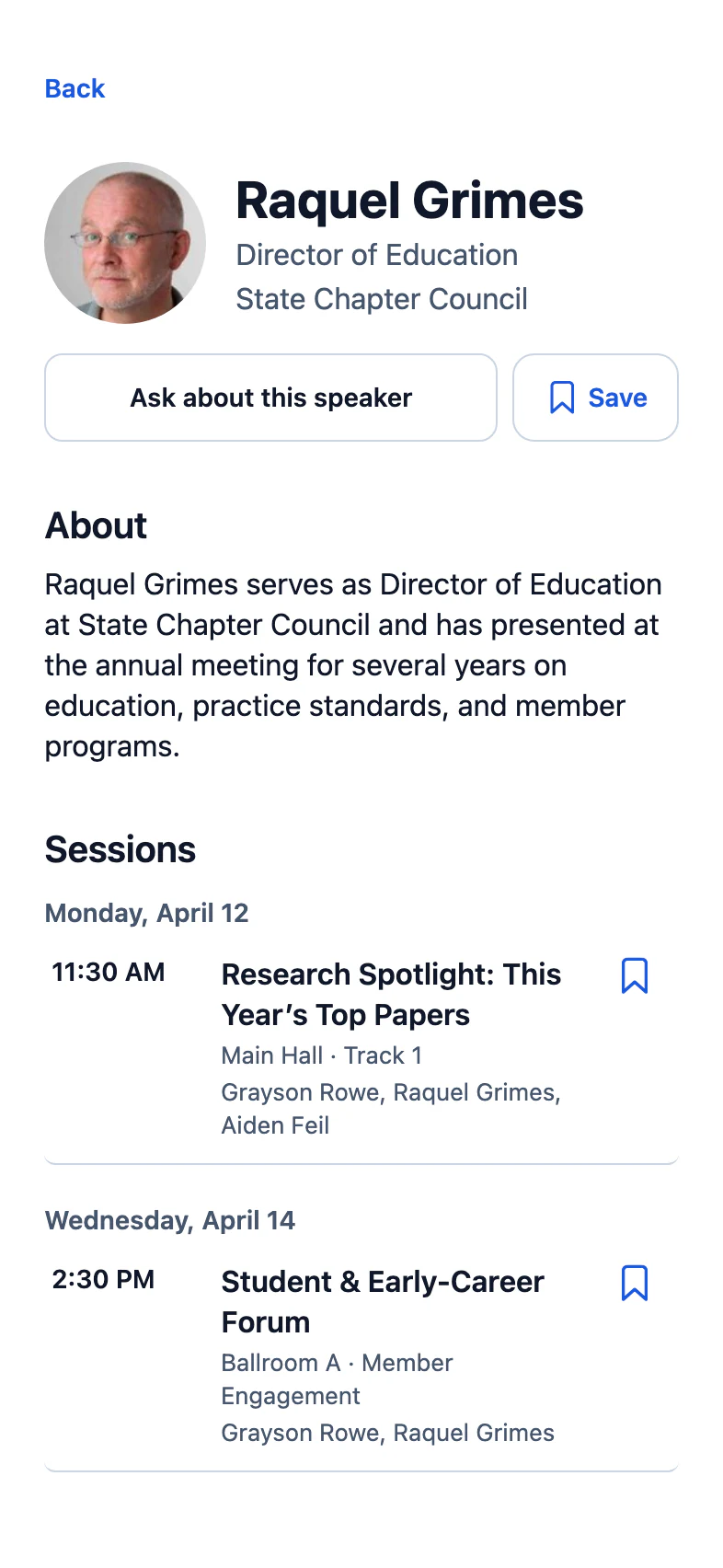 Speaker page for Raquel Grimes, Director of Education, with her bio and sessions