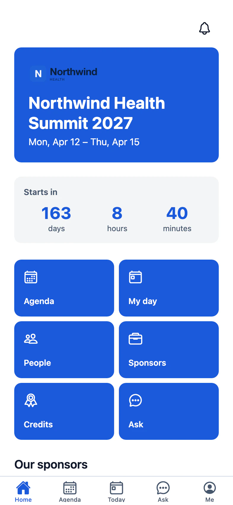 Atlas home: event card, countdown to the start, and Agenda, My day, People and Sponsors tiles