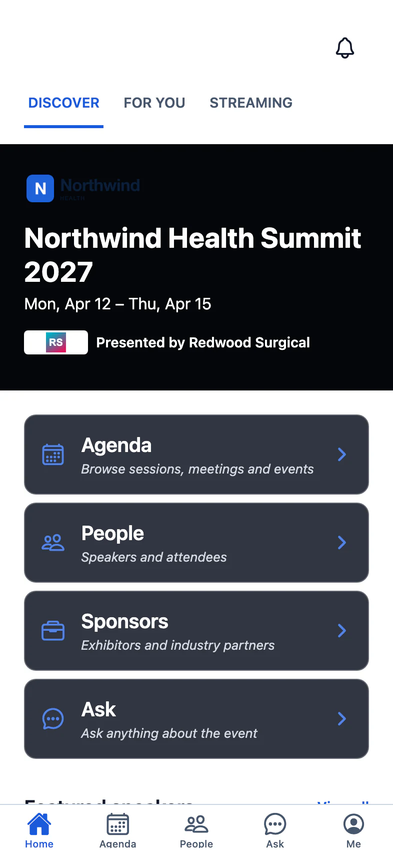 Keynote home: key art presented by Redwood Surgical, then Agenda, People and Sponsors cards