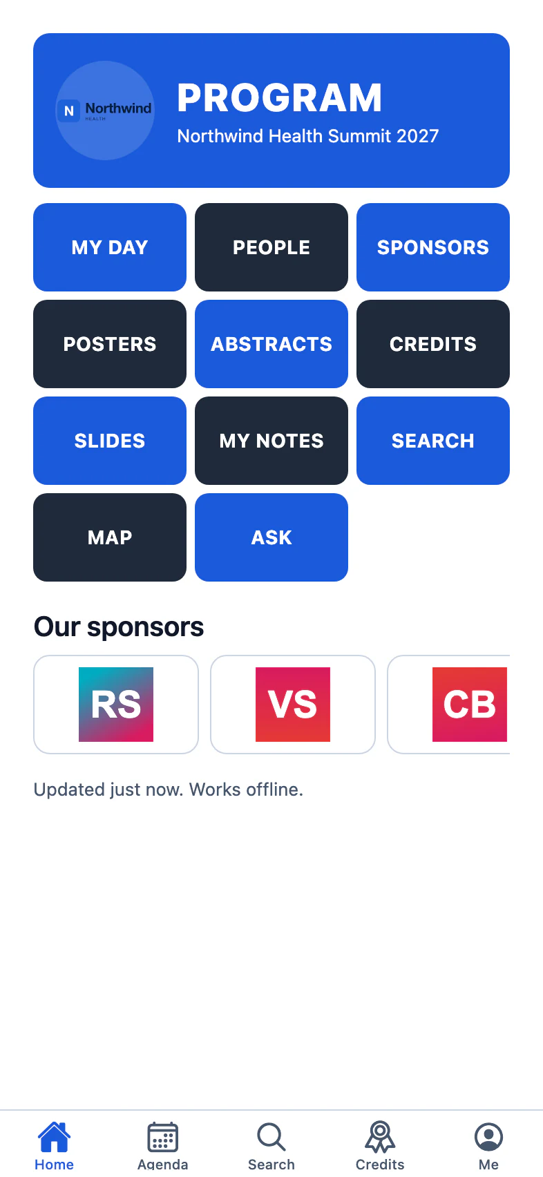 Scholar home: Program header and tiles for My day, People, Sponsors, Posters, Abstracts, Credits, Slides and Search