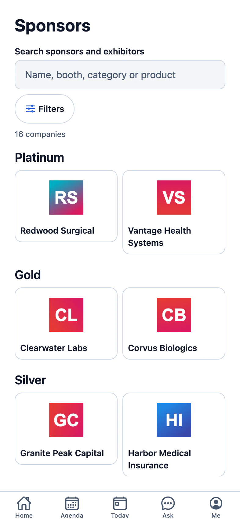 Sponsors and exhibitors in the app, 16 companies grouped by tier, Platinum first