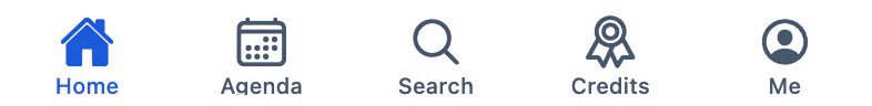 The Scholar pack's five tabs: Home, Agenda, Search, Credits and Me
