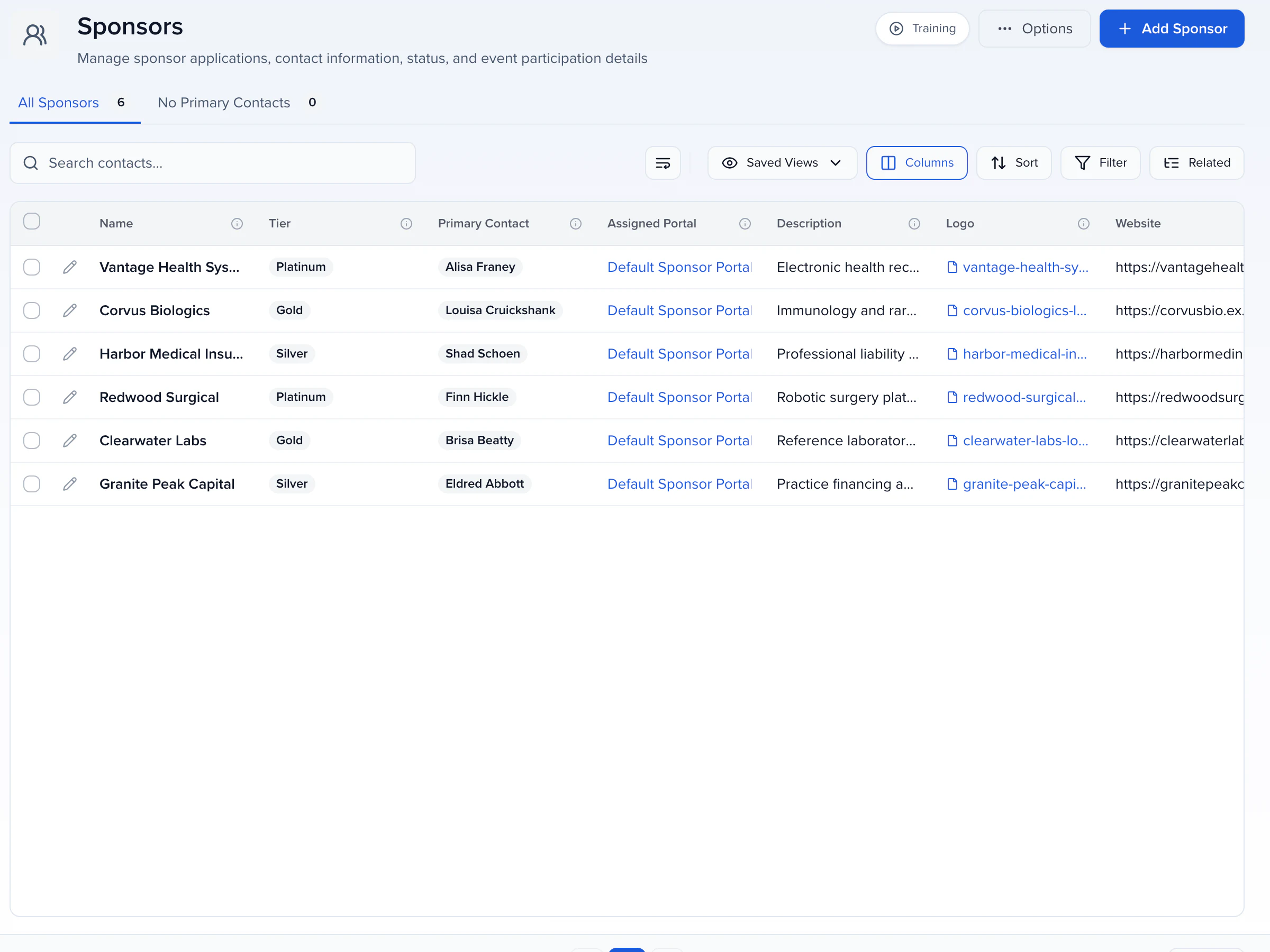 Sponsors list: six companies with their tier, primary contact and assigned portal