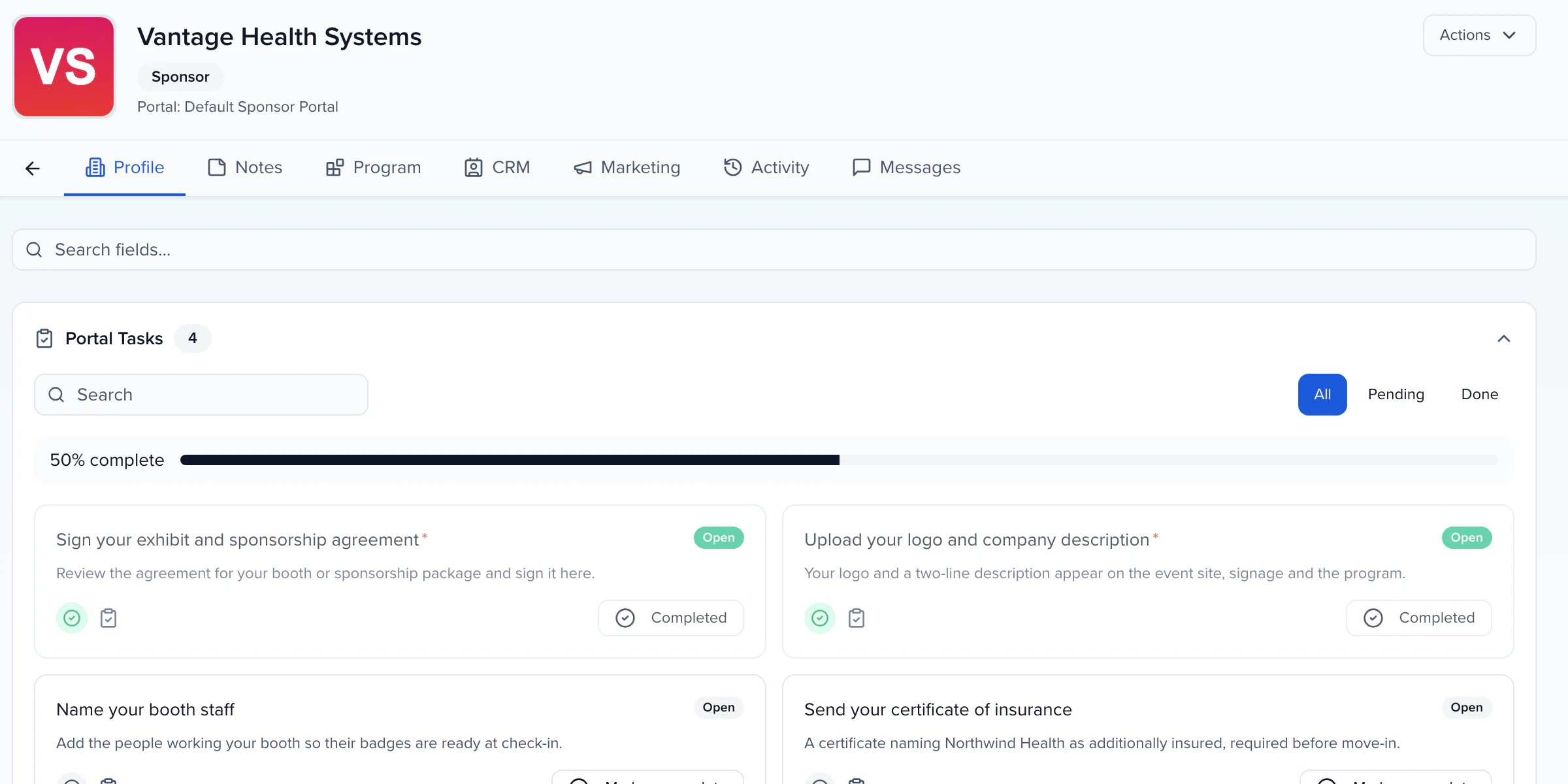Vantage Health Systems' record: Sponsor, Default Sponsor Portal, portal tasks 50% complete