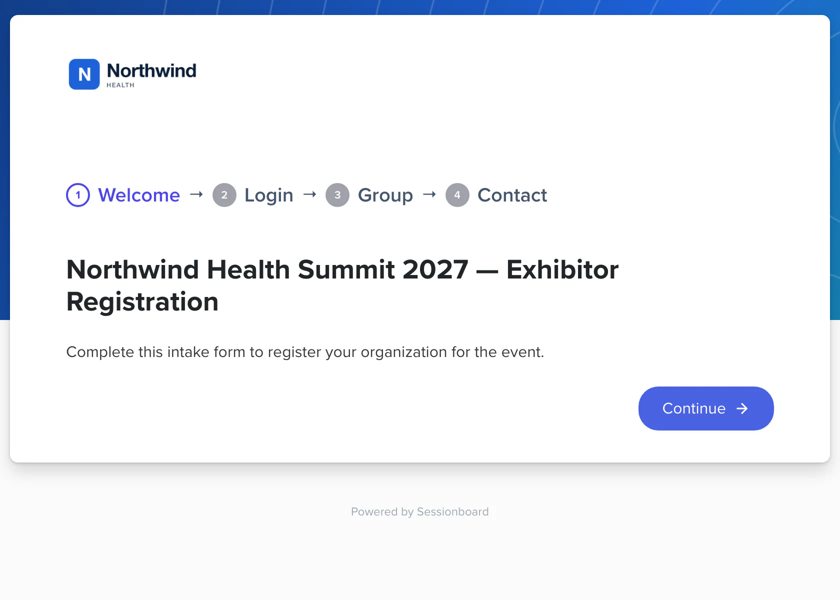 Exhibitor intake form, welcome step: Welcome, Login, Group and Contact