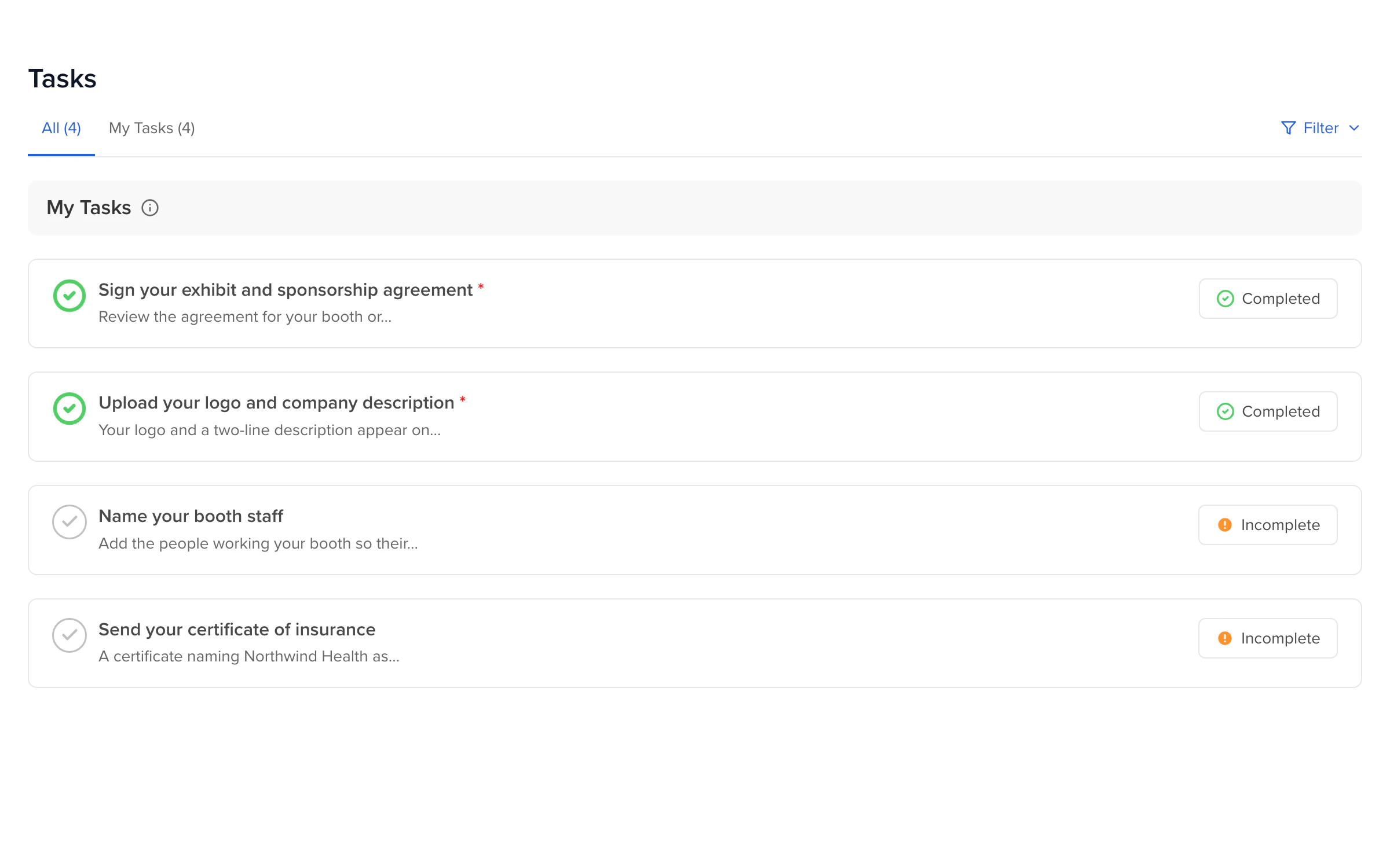 Vantage Health Systems' portal: two tasks completed, two incomplete