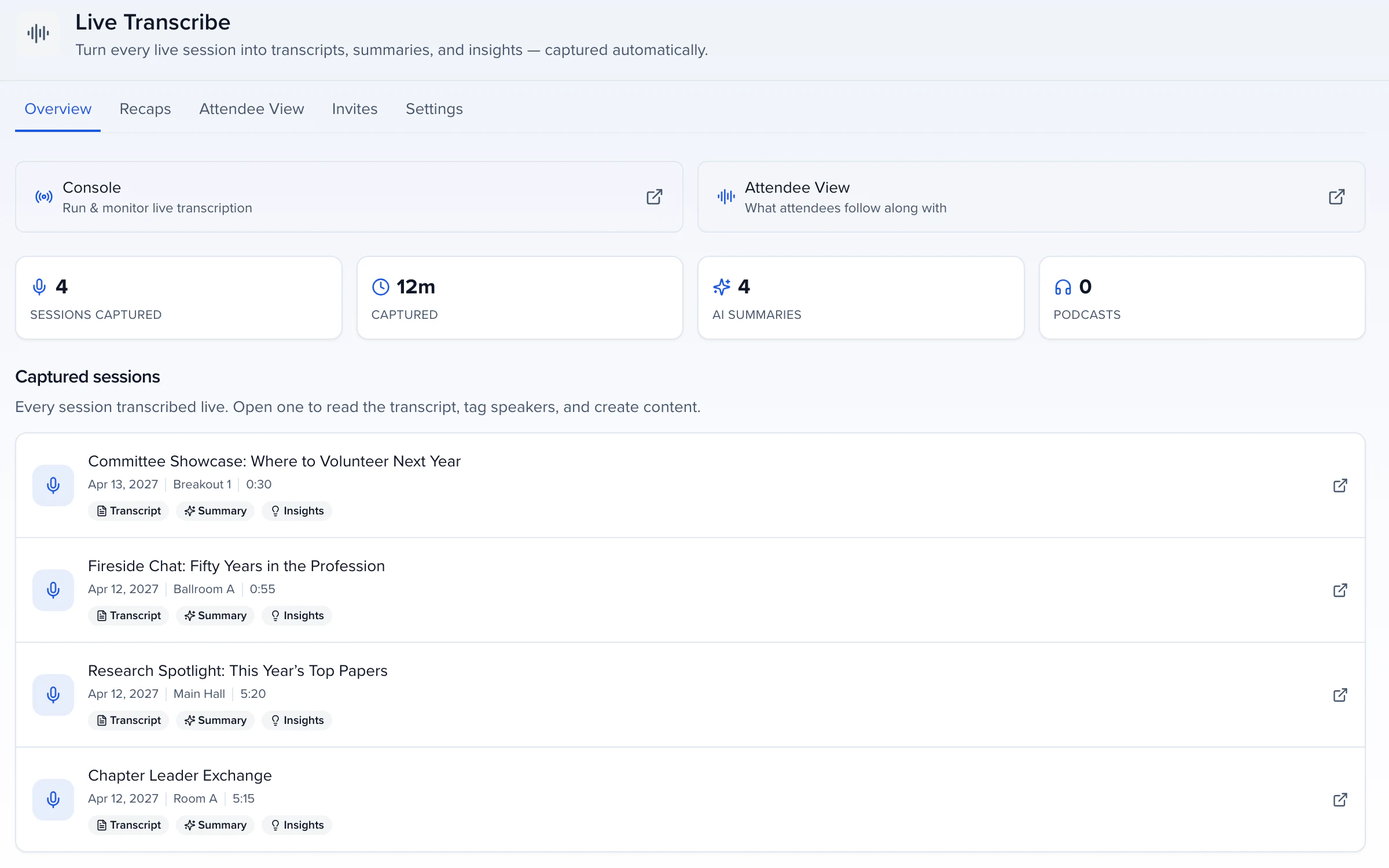 Live Transcribe: four sessions captured, each with a transcript, summary and insights