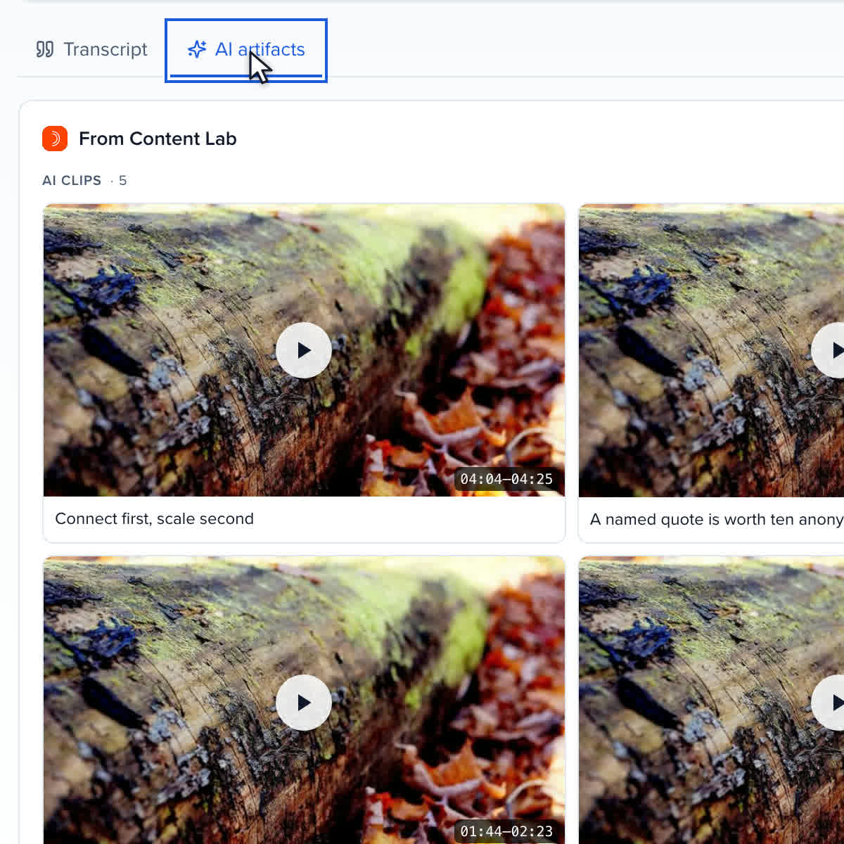 AI artifacts under a recording: five suggested clips from Content Lab, each with its timestamps