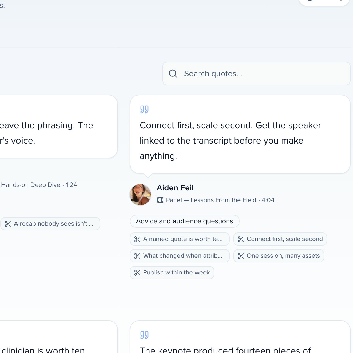 Searching the quote library for a word: the cards narrow to the lines that say it, each with its speaker