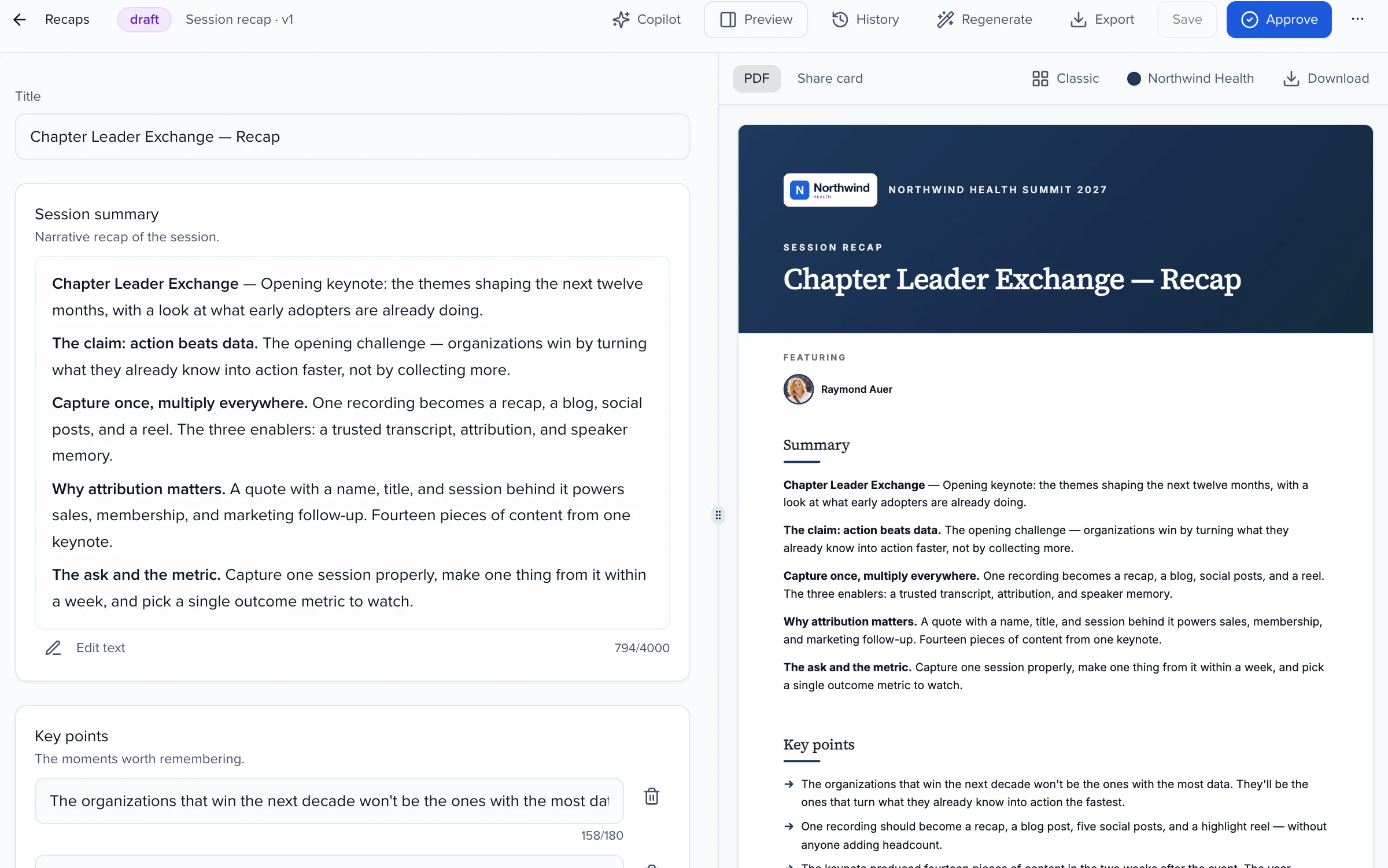 A session recap card: Chapter Leader Exchange, featuring Raymond Auer, with its summary