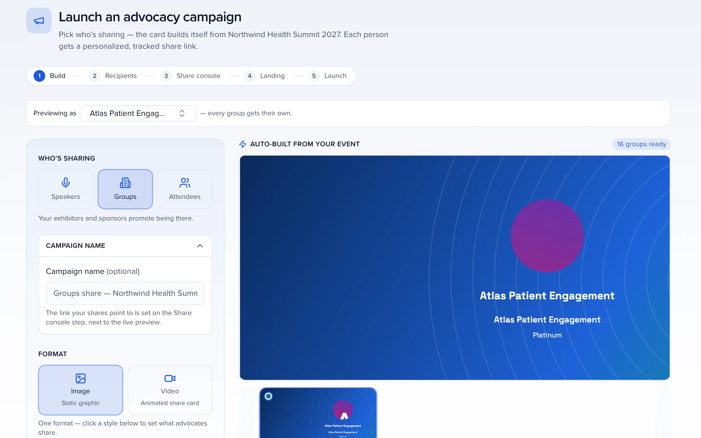 A group card for Atlas Patient Engagement, a Platinum sponsor