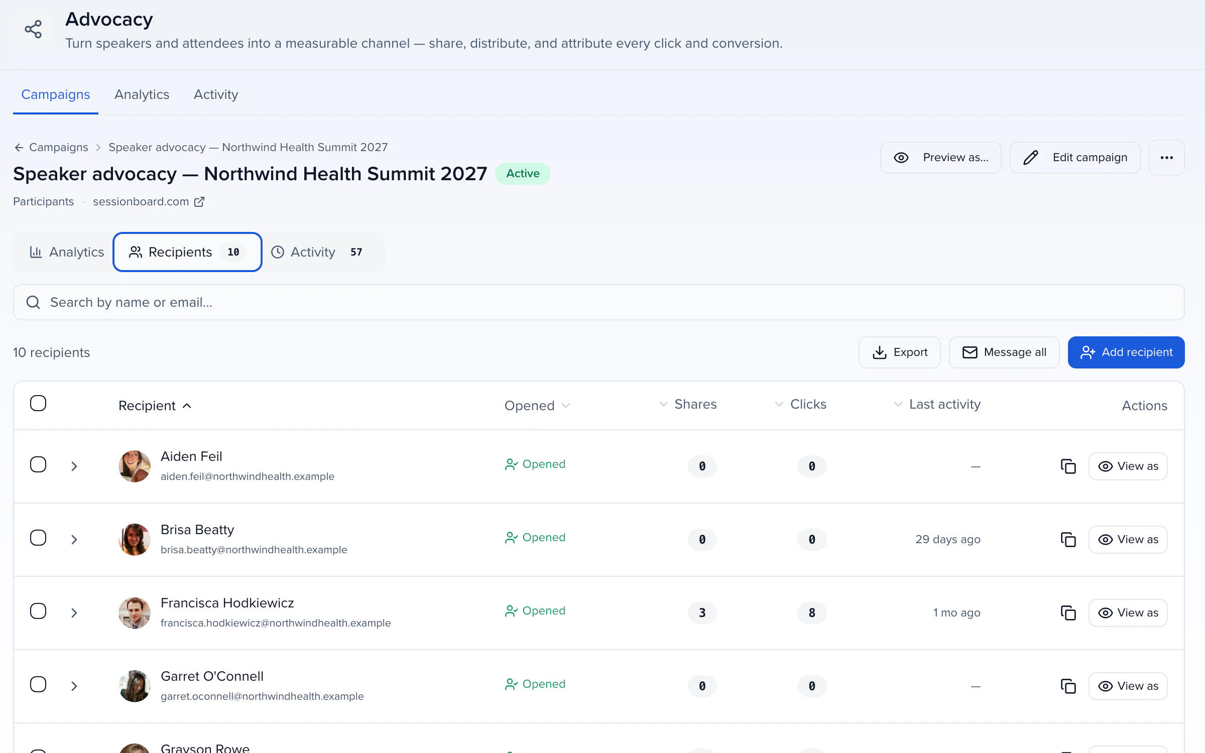 Recipients: each speaker with their own link, opened state, shares and clicks