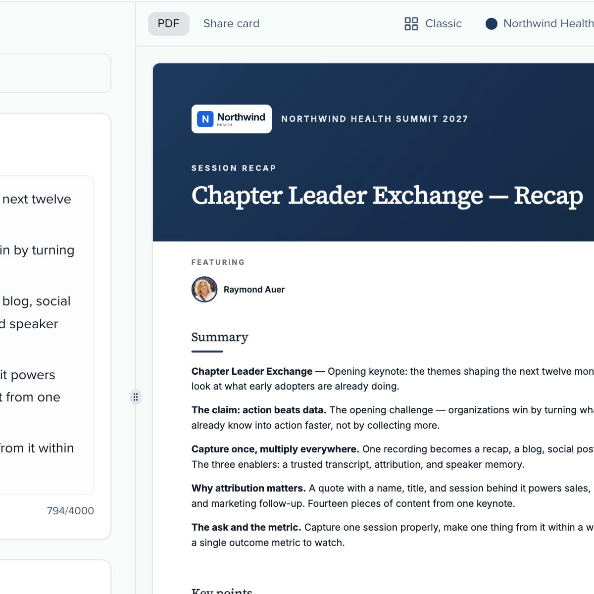 A recap switching between its PDF layout and its share card