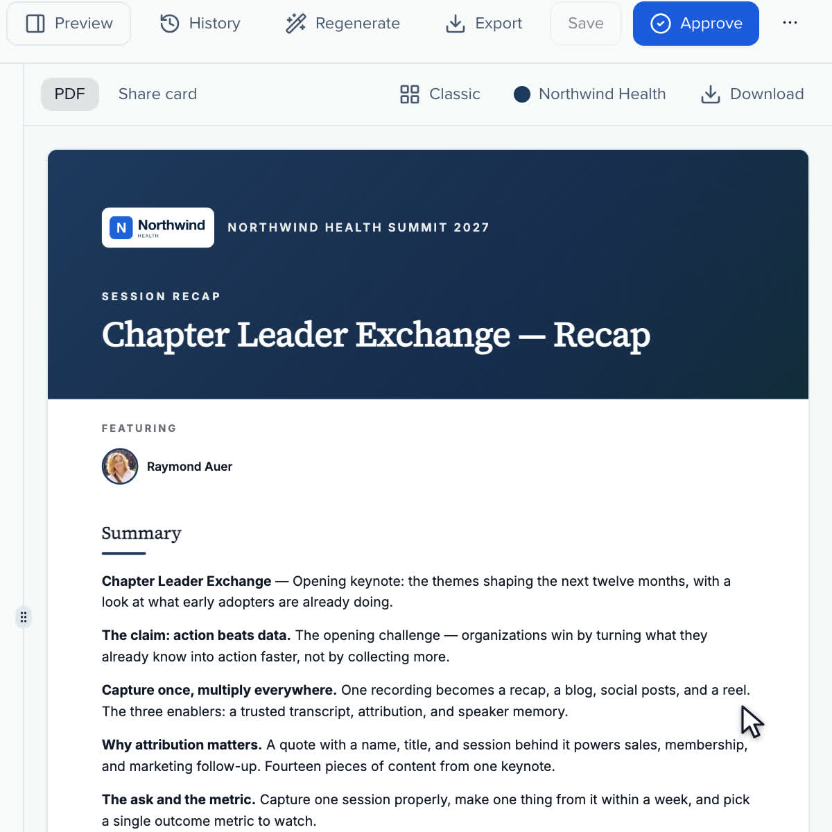 Exporting a recap: PDF, LinkedIn carousel or share card