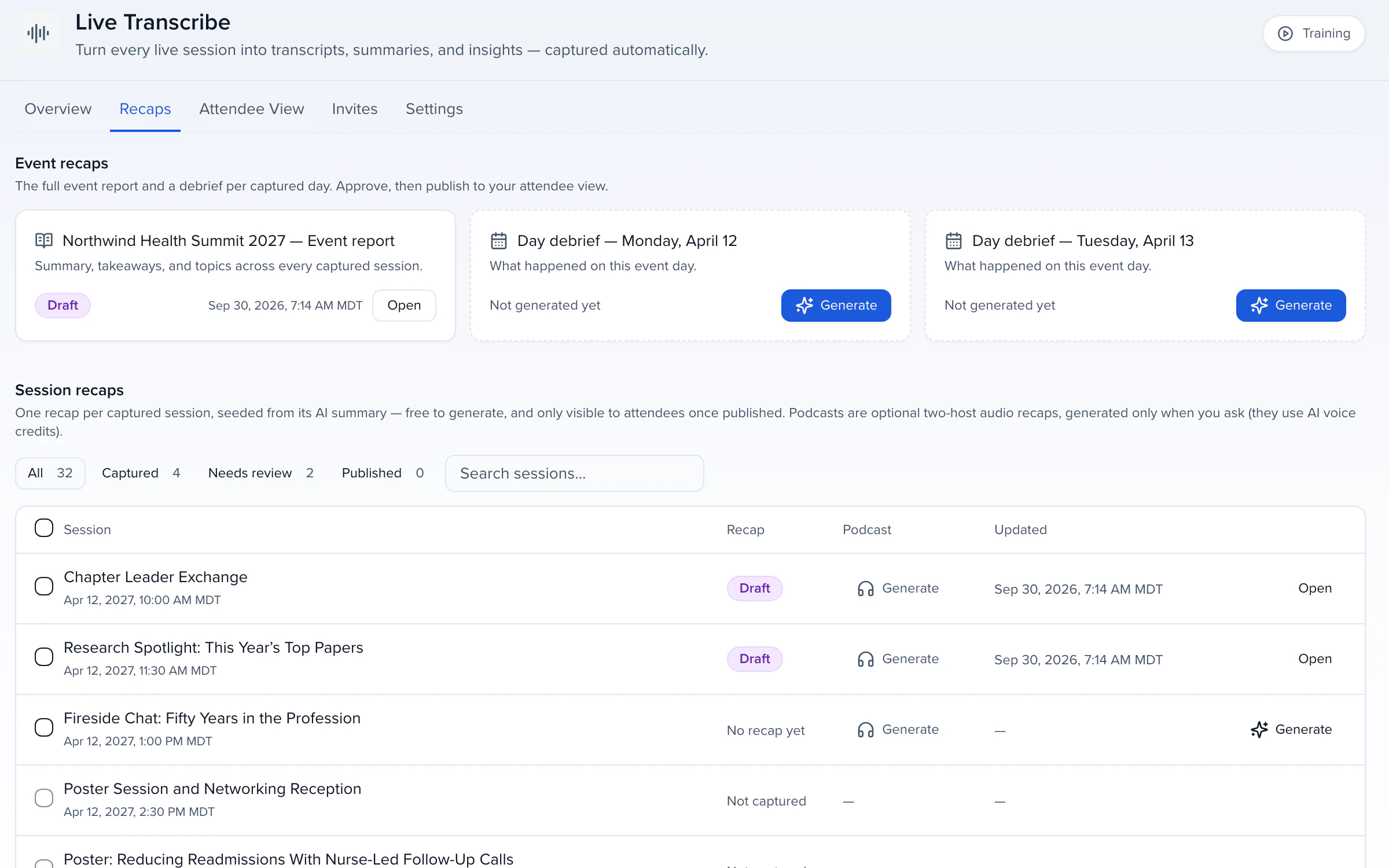 Event recaps: the Northwind Health Summit 2027 event report in draft and a debrief for each day
