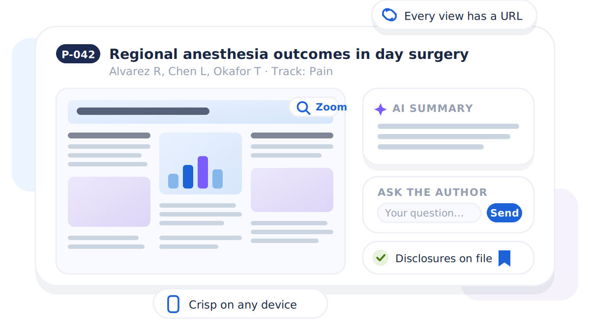 Attendee view of an open poster with AI summary, ask-the-author, and disclosures