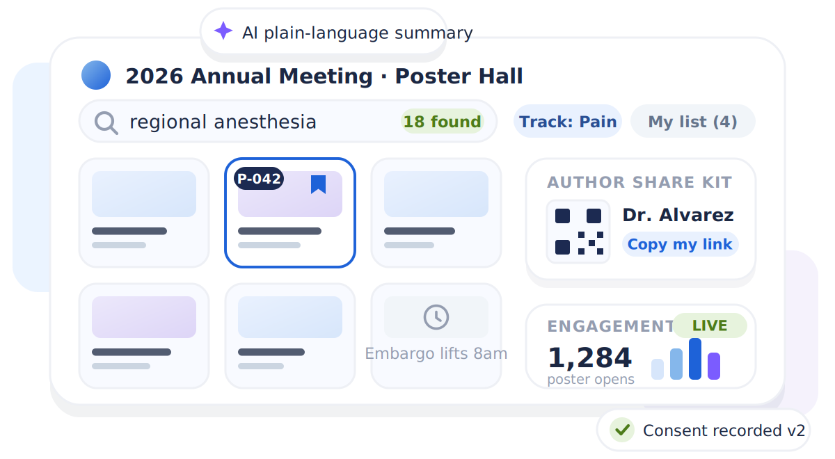 Sessionboard Poster Gallery: searchable poster hall with author share kit and engagement analytics